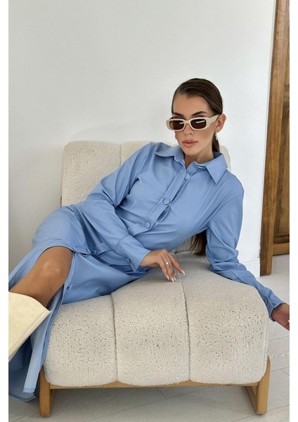 Mottisfashion Mavi Boydan Düğmeli Deri Elbise modelleri