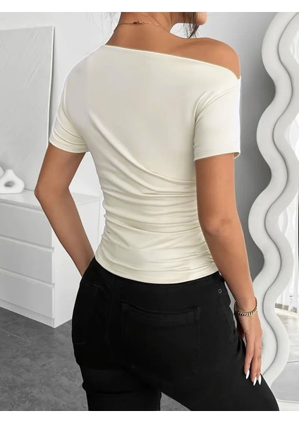 Mottisfashion Kadın Kısa Kollu Tek Omuzu Açık Büzgülü Viskon Bluz fırsatları