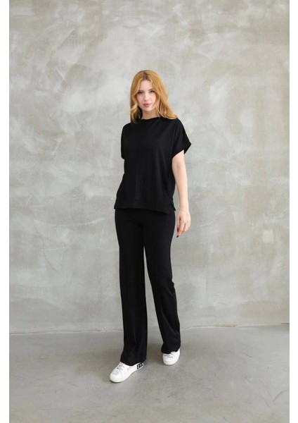 Mottisfashion Osy Modal Yumuşak Dokulu Kumaş Bisiklet Yaka Kısa Kollu Takım - Siyah