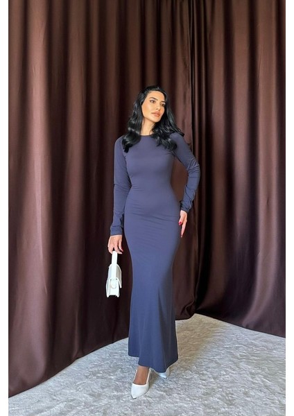 Mottisfashion Lacivert Vücudu Saran Uzun Elbise