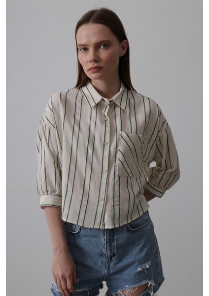 Mottisfashion Çizgili Kısa Gömlek - Bej-Yeşil modelleri