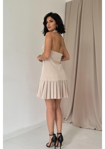 Mottisfashion Bej Sırtı Açık Ceket Yakalı Elbise fırsatları