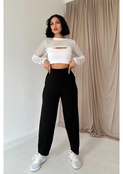Mottisfashion Siyah Pensli Lastik Detaylı Pantolon