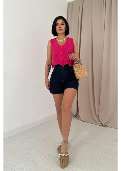 Mottisfashion Fuşya Sıfır Kol Brode Bluz fiyatları