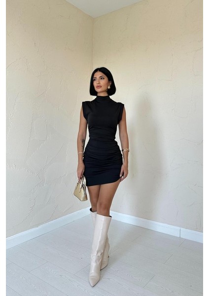 Mottisfashion Siyah Büzgülü Kolsuz Elbise