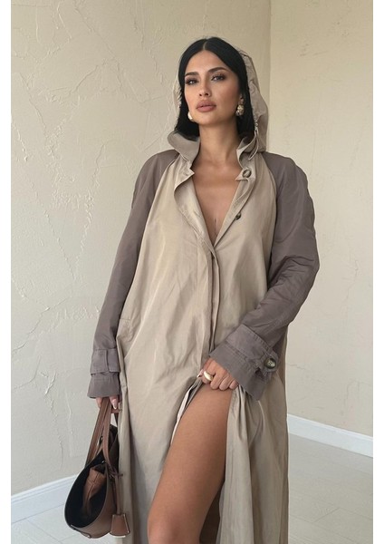 Mottisfashion Taba Kapüşonlu Uzun Trençkot modelleri