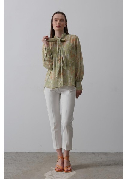 Mottisfashion Yakası Fularlı Şifon Gömlek - Fıstık Yeşili