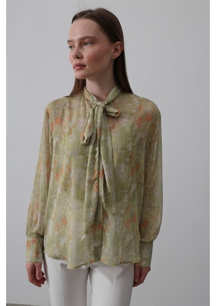 Mottisfashion Yakası Fularlı Şifon Gömlek - Fıstık Yeşili modelleri