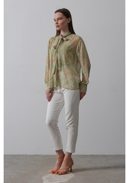 Mottisfashion Yakası Fularlı Şifon Gömlek - Fıstık Yeşili fırsatları