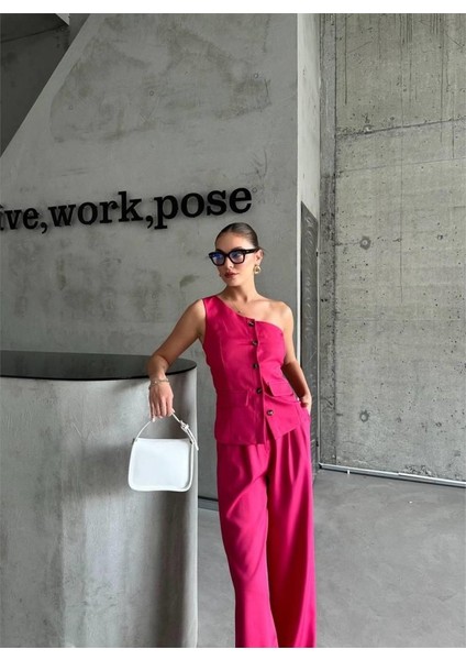 Mottisfashion Tek Kol Yelek - Pantolon Takım Atlas - Fuşya