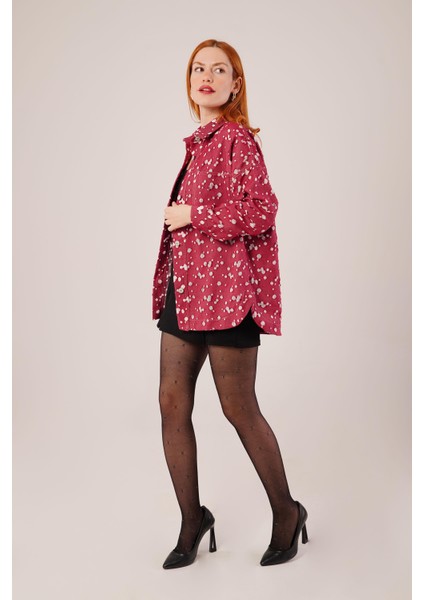 Mottisfashion Eskitme Görünümlü Denim Bordo Gömlek