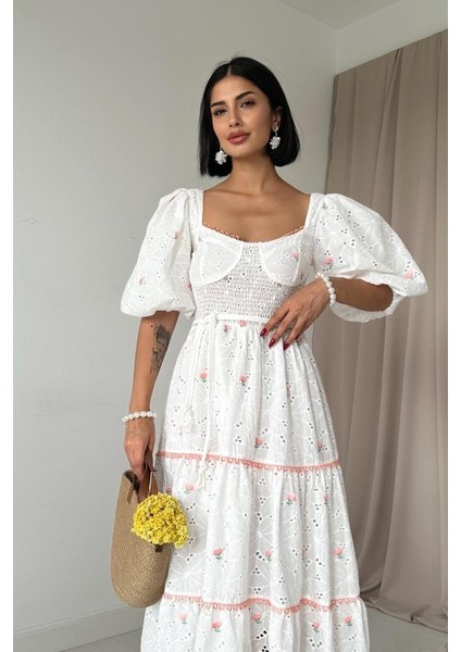 Mottisfashion Pudra Dantel Detaylı Brode Elbise fiyatları