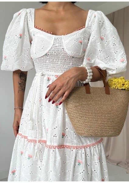 Mottisfashion Pudra Dantel Detaylı Brode Elbise modelleri