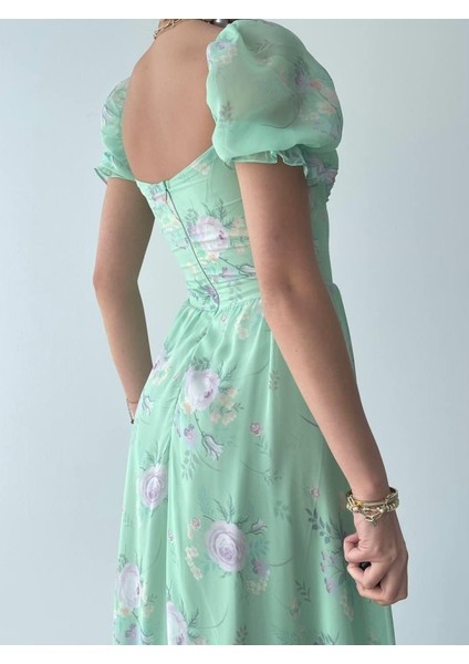 Mottisfashion Şifon Kumaş Dijital Desen Baskılı Elbise