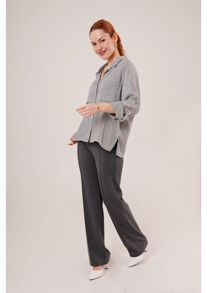 Mottisfashion Yarasa Kol Çizgili Cep Detaylı Gri Gömlek