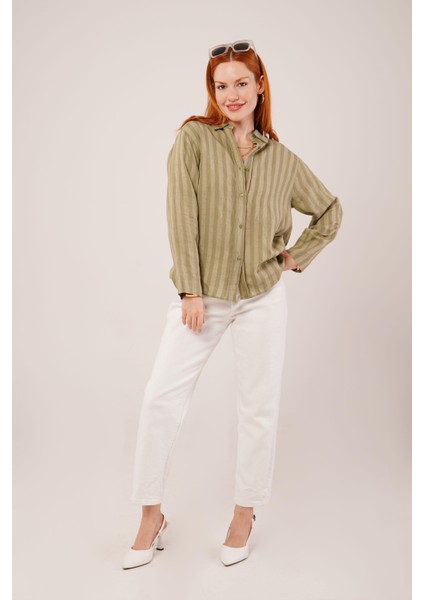 Mottisfashion Düğmeli ve Çizgi Detaylı Yeşil Gömlek