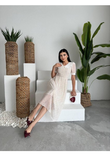 Mottisfashion Aversa Inci Detay Şifon Elbise