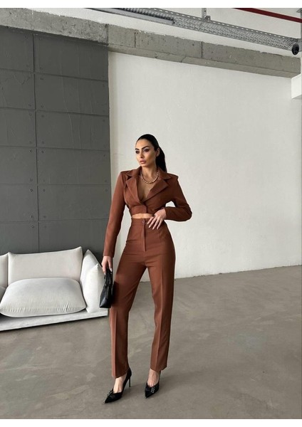 Mottisfashion Ceket Yaka Bel Dekolteli Tulum - Acı Kahve
