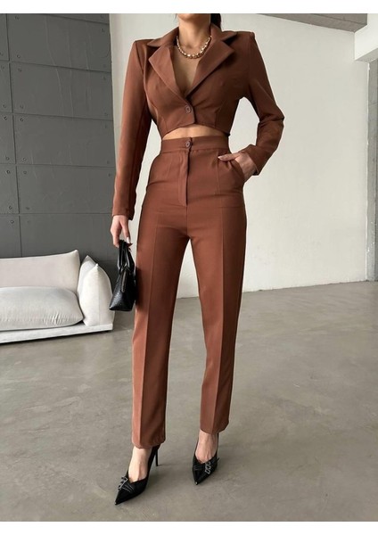 Mottisfashion Ceket Yaka Bel Dekolteli Tulum - Acı Kahve modelleri