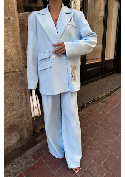 Mottisfashion Tasarım Etiket Detaylı Ceket - Pantolon Takım - Bebe Mavi modelleri