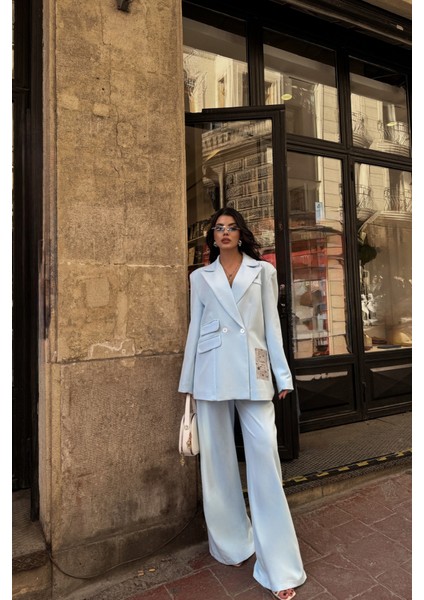 Mottisfashion Tasarım Etiket Detaylı Ceket - Pantolon Takım - Bebe Mavi fırsatları