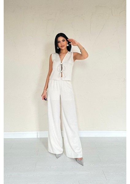 Mottisfashion Bej Önü Fiyonklu Keten Takım