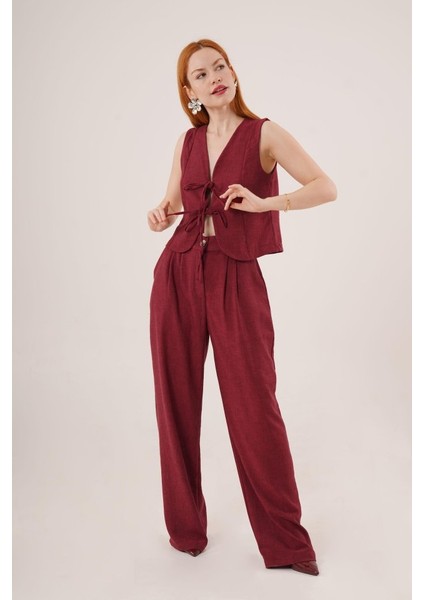 Mottisfashion Ön Bağlama Detaylı Yelek ve Pantolon Bordo Ikili Takım fırsatları