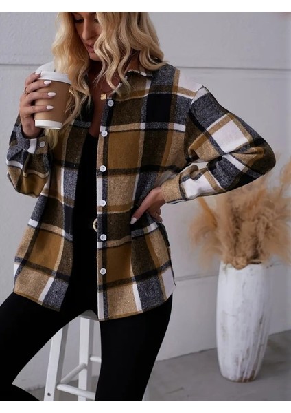 Mottisfashion Kadın Uzun Kollu Kare Desenli Önden Düğmeli Dokuma Gömlek