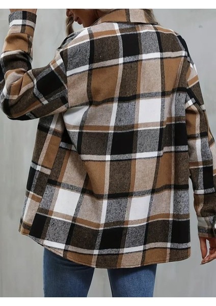 Mottisfashion Kadın Uzun Kollu Kare Desenli Önden Düğmeli Dokuma Gömlek