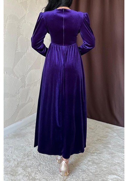 Mottisfashion Mor Göğüs Altı Taşlı Elbise modelleri