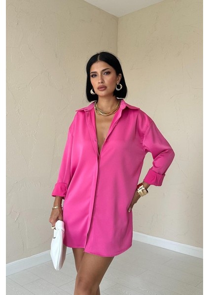 Mottisfashion Fuşya Çıtçıtlı Saten Gömlek