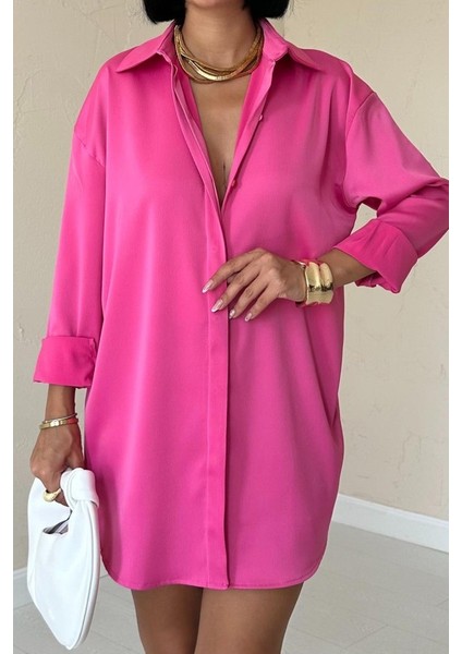 Mottisfashion Fuşya Çıtçıtlı Saten Gömlek modelleri