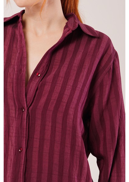 Mottisfashion Düğmeli ve Çizgi Detaylı Bordo Gömlek