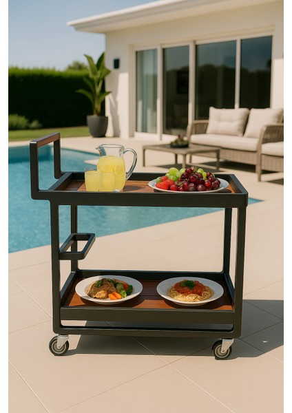 Alüminyum Servis Masası Tekerlekli – Bahçe & Teras Için Ahşap Desenli Iki Katlı Tasarım (Villa & Yazlık Için Özel)