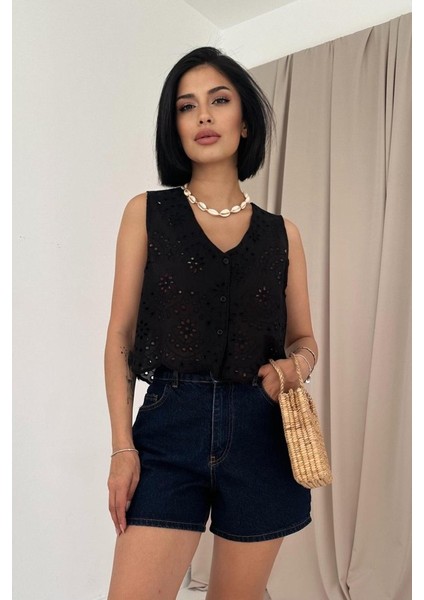 Mottisfashion Siyah Sıfır Kol Brode Bluz