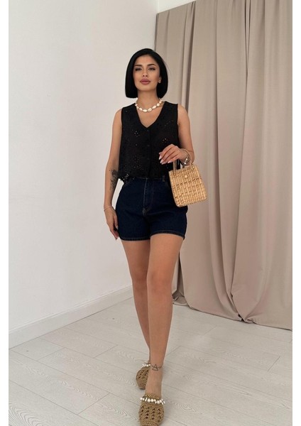 Mottisfashion Siyah Sıfır Kol Brode Bluz fiyatları