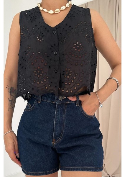 Mottisfashion Siyah Sıfır Kol Brode Bluz modelleri