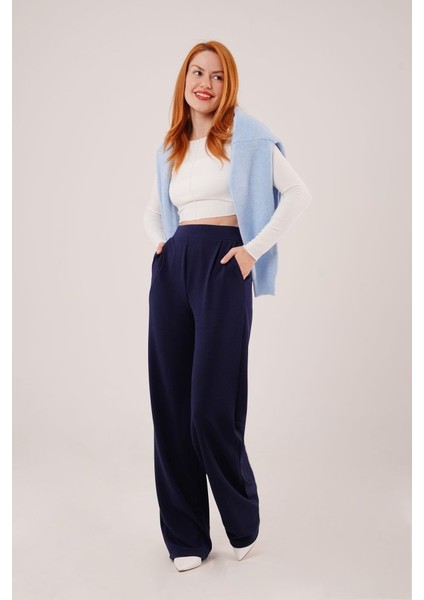 Mottisfashion Yüksek Bel Bol Paça Krep Lacivert Pantolon