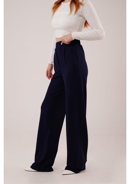 Mottisfashion Yüksek Bel Bol Paça Krep Lacivert Pantolon fırsatları