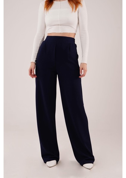 Mottisfashion Yüksek Bel Bol Paça Krep Lacivert Pantolon