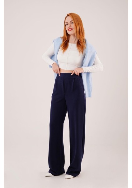 Mottisfashion Yüksek Bel Bol Paça Krep Lacivert Pantolon