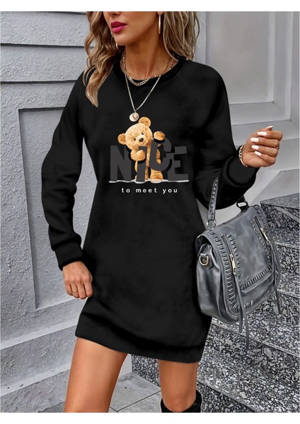 Mottisfashion Kadın Uzun Kollu Bisiklet Yaka Ayı Desenli Viskon Iki Iplik Elbise