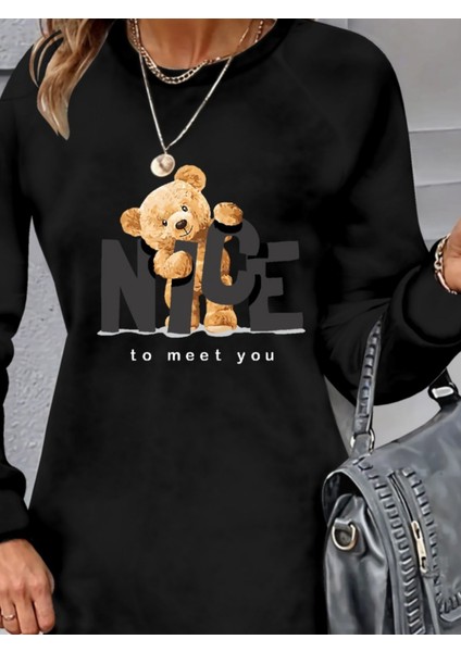 Mottisfashion Kadın Uzun Kollu Bisiklet Yaka Ayı Desenli Viskon Iki Iplik Elbise