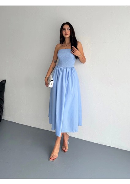Mottisfashion Straplez Pileli Elbise - Açık Mavi indirimleri