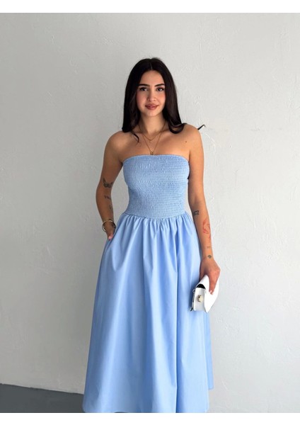 Mottisfashion Straplez Pileli Elbise - Açık Mavi