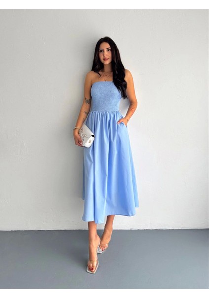 Mottisfashion Straplez Pileli Elbise - Açık Mavi