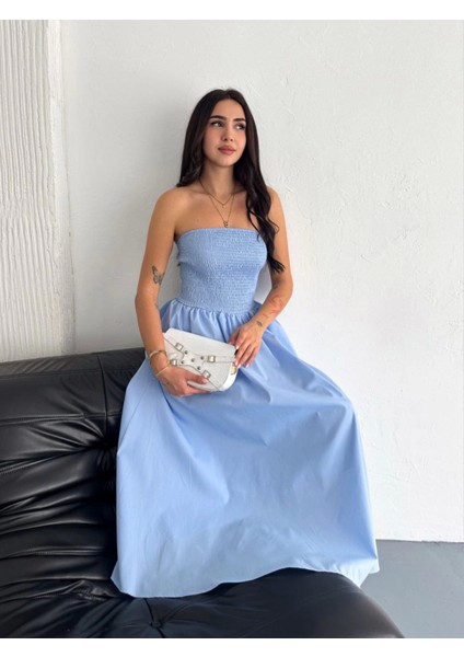 Mottisfashion Straplez Pileli Elbise - Açık Mavi