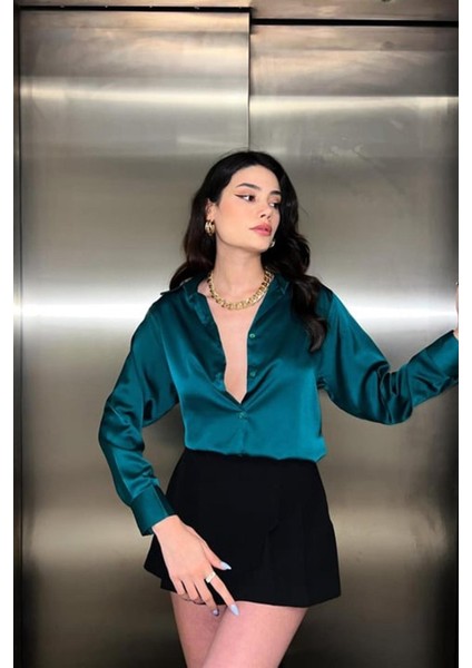 Mottisfashion Zümrüt Saten Gömlek
