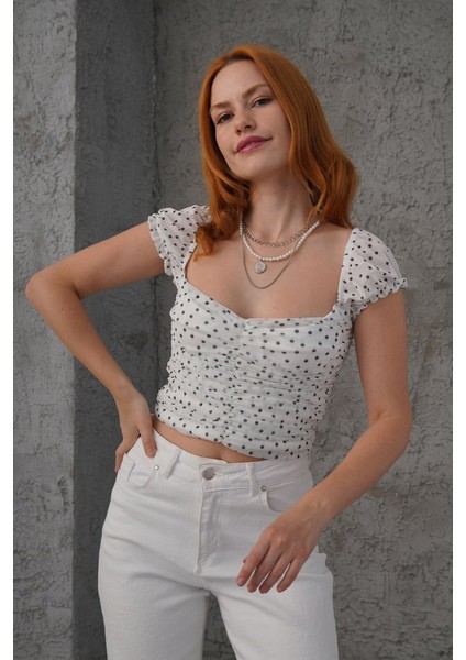 Mottisfashion Puantiyeli Belden Oturtmalı Tül Beyaz Bluz indirimleri