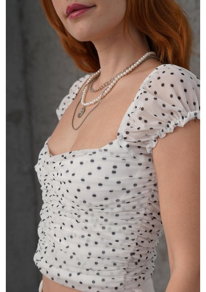 Mottisfashion Puantiyeli Belden Oturtmalı Tül Beyaz Bluz